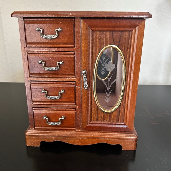 Vintage Wooden Keepsake Jewelry ArmoirBox with 4 Drawers